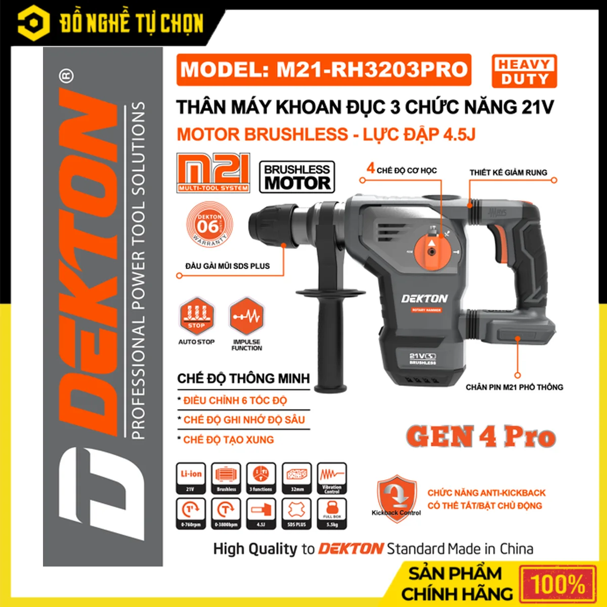 Máy khoan đục bê tông Dekton M21-RH3203XPRO: lực đập 4.5J, Cần Thơ