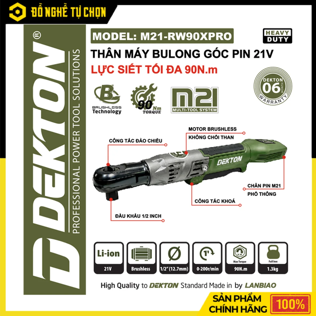 Máy Siết Bulong Góc Pin 21V 90N.m Dekton M21-RW90XPRO – Brushless, Đường Kính 12.7mm, Tốc Độ 200 RPM