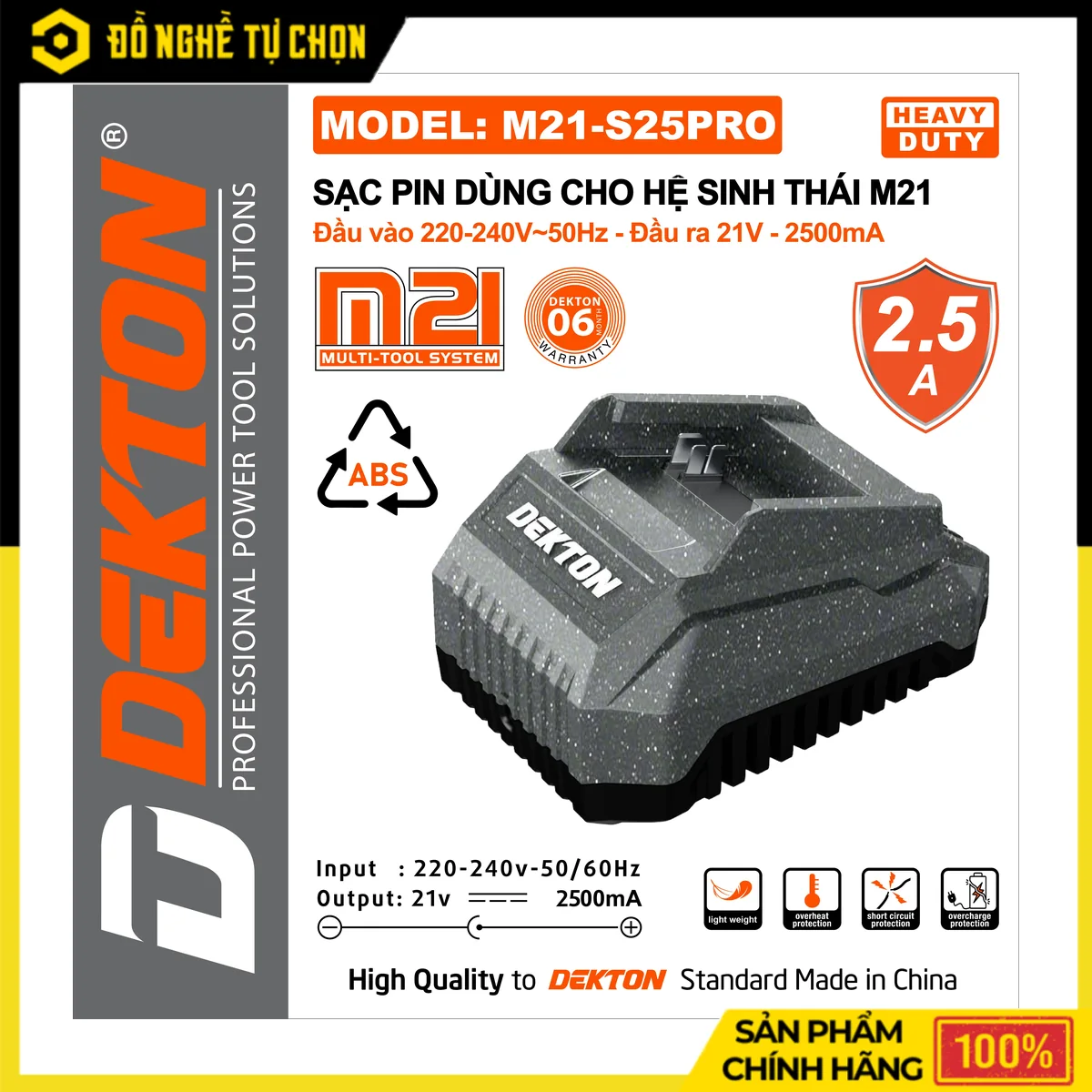 Sạc Pin 21V Dekton M21-S25PRO – Dòng Sạc 2.5A, Vỏ Chống Cháy, Bảo Hành Chính Hãng 6 Tháng
