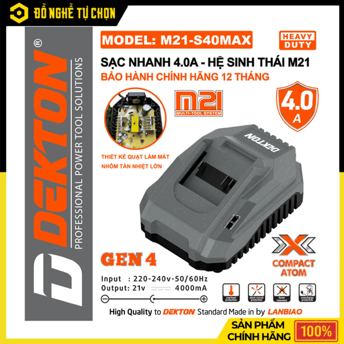 Sạc Nhanh Pin 21V Dekton M21-S40MAX – Dòng Sạc 4.0A, Quạt Tản Nhiệt, Bảo Hành Chính Hãng 12 Tháng