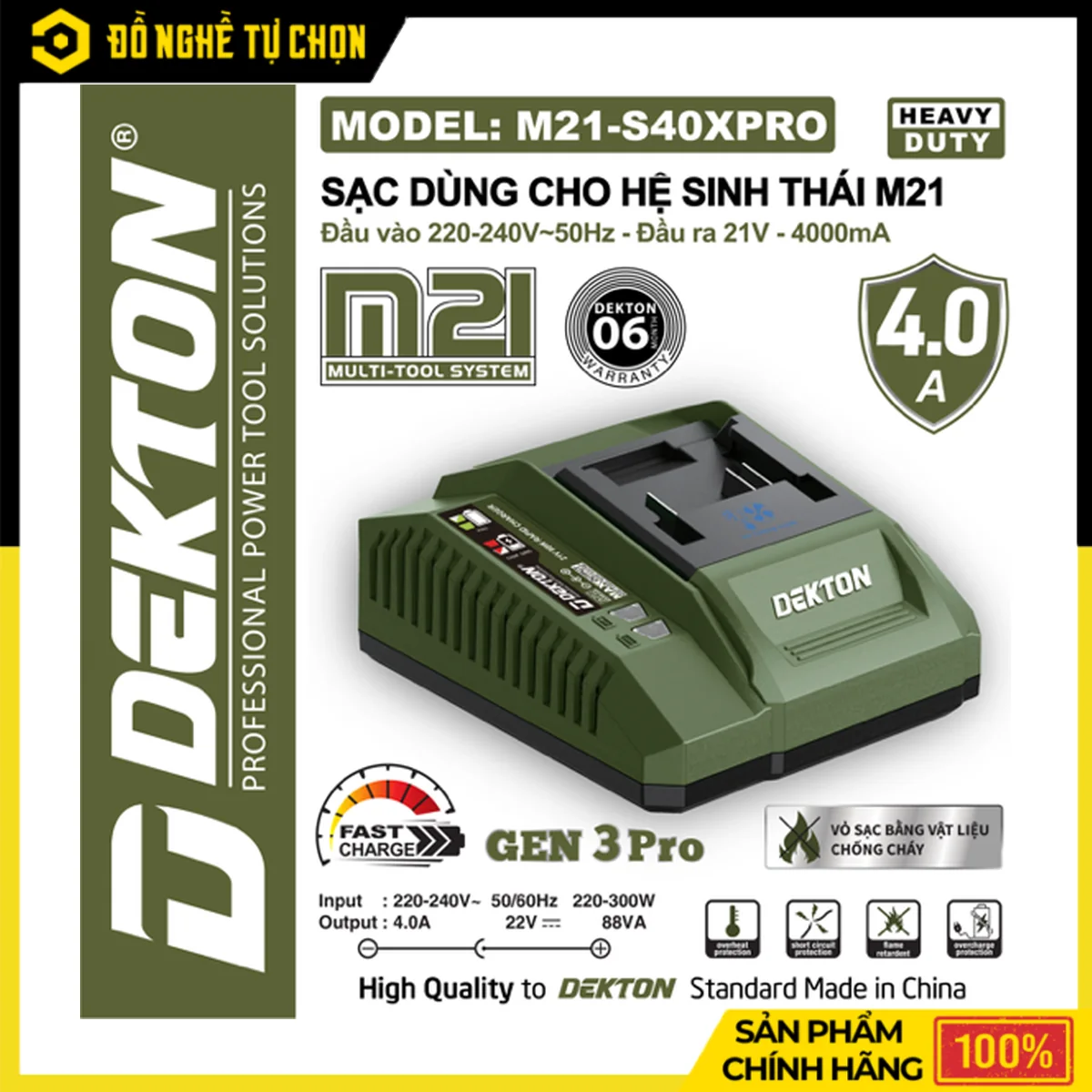 Sạc Pin 21V Dekton M21-S40XPRO – Dòng Sạc 4.0A, Mạch Có Quạt Tản Nhiệt, Vỏ Chống Cháy, Hệ M21