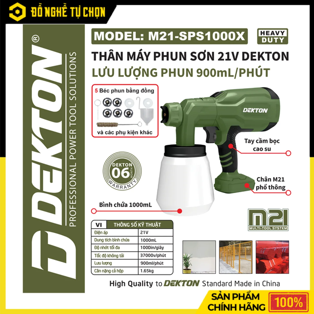Súng Phun Sơn Pin 21V Bình 1 Lít Dekton M21-SPS1000X – Kèm 5 Bép Xịt Đồng, Lưu Lượng Phun 0.9L/Phút