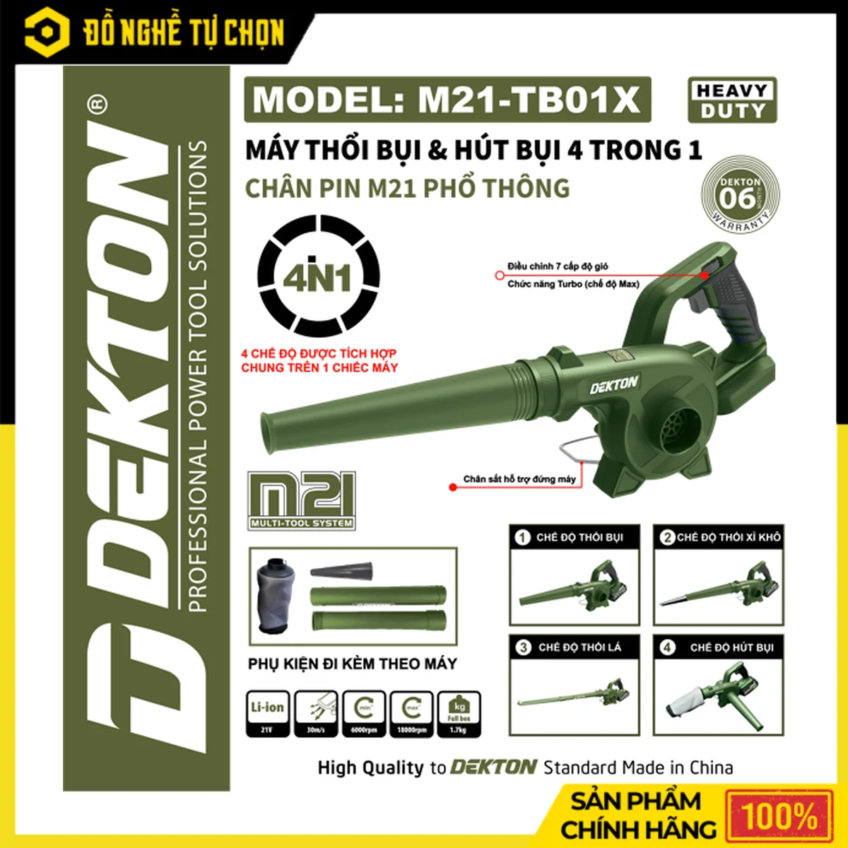Máy Thổi Bụi Hút Bụi Pin 21V Dekton M21-TB01X – 7 Tốc Độ, Lực Thổi 30m/s, Thiết Kế Compact Nhỏ Gọn