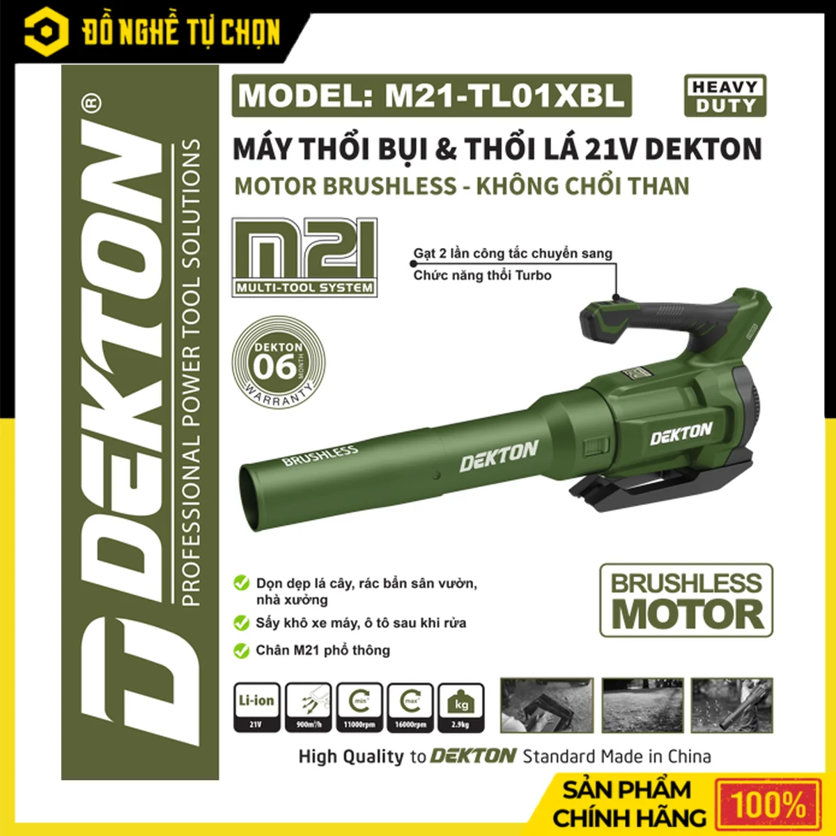 Máy Thổi Lá Pin 21V Dekton M21-TL01XBL – Brushless, Chế Độ Thổi Turbo, Lực Thổi 900 m³/h, Nặng 2.9kg