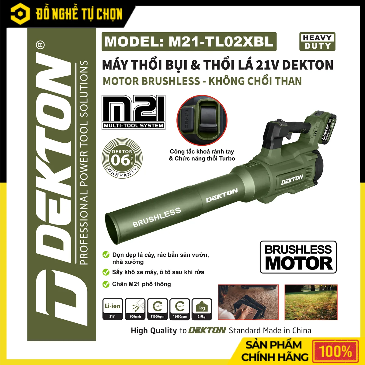 Máy Thổi Lá Pin 21V Dekton M21-TL02XBL – Brushless, Chế Độ Thổi Turbo, Lực Thổi 900 m³/h, Nặng 2.9kg