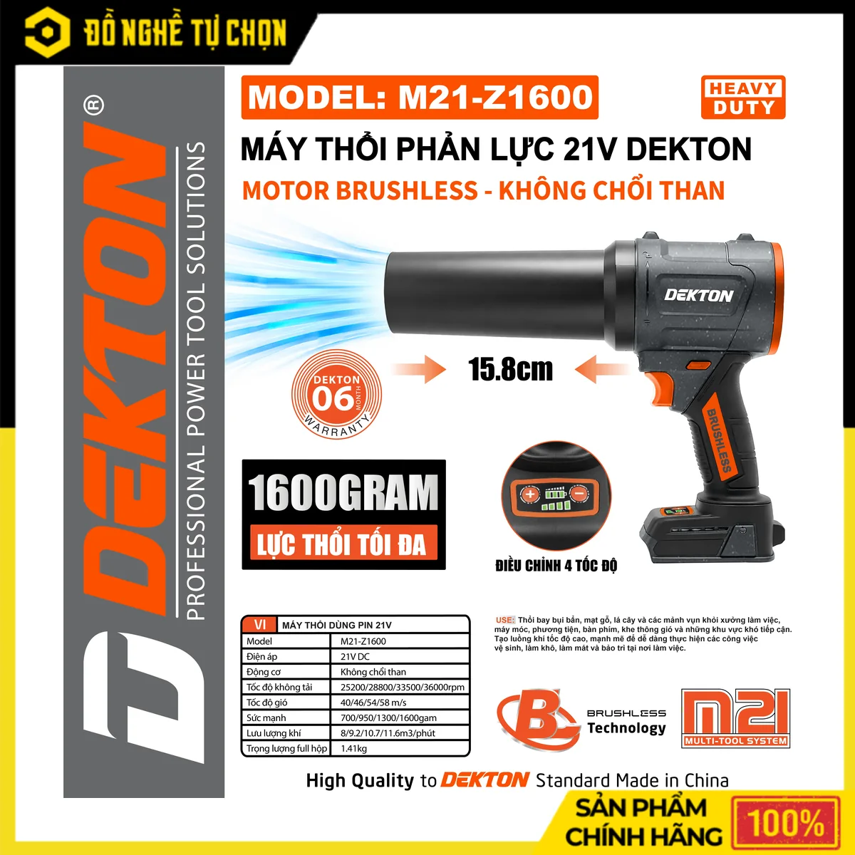 Máy Thổi Phản Lực Pin 21V Dekton M21-Z1600 – Turbo, Áp Lực Đẩy 1600 Gram, Brushless, 4 Tốc Độ Gió