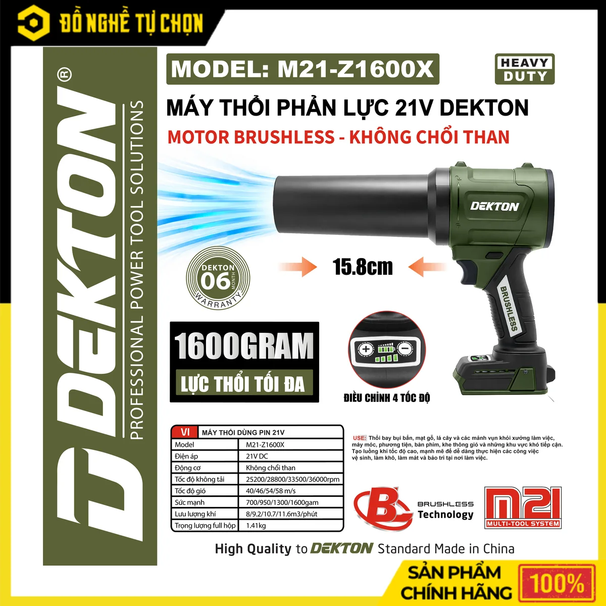Máy Thổi Phản Lực Pin 21V Dekton M21-Z1600X – Turbo, Áp Lực Đẩy 1600 Gram, Brushless, 4 Tốc Độ Gió