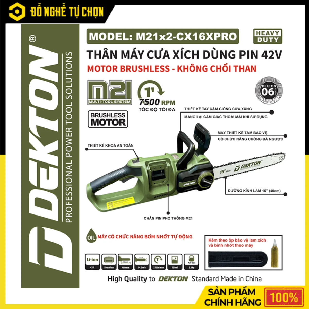 Máy Cưa Xích Pin 21V Lam 16 Inch Dekton M21X2-CX16XPRO – Brushless, Tốc Độ Cắt 14.5m/s, Bơm Nhớt Tự Động