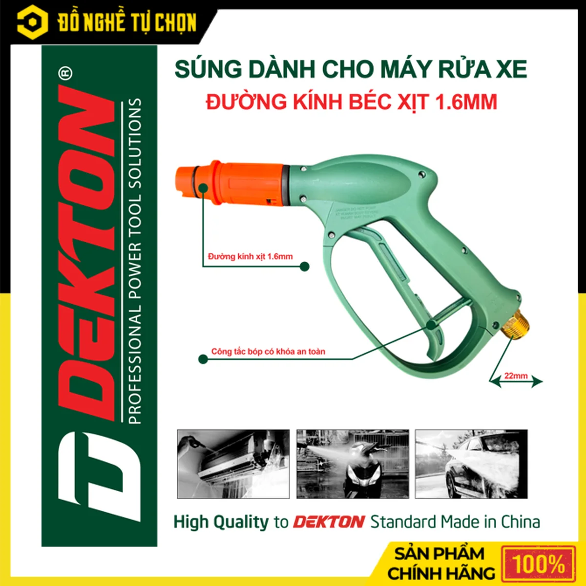 Súng Xịt Rửa Xe Piston 14mm Dekton SUNG1.6 – Đầu Súng 1,6mm, Lõi Kim Loại, Ren Nối Dây 22mm